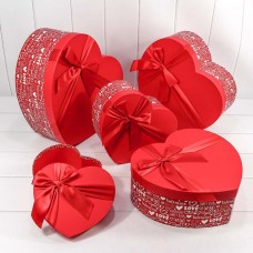 Набор коробок Сердце, Атласный бант, Love (однотонная крышка), Красный, 37*40*15 см, 5 шт.